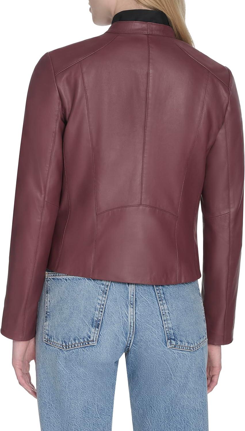 imageCole Haan Womens Long Sleeve Snap Collar Asymetric Zipper Leather JacketBurgundy