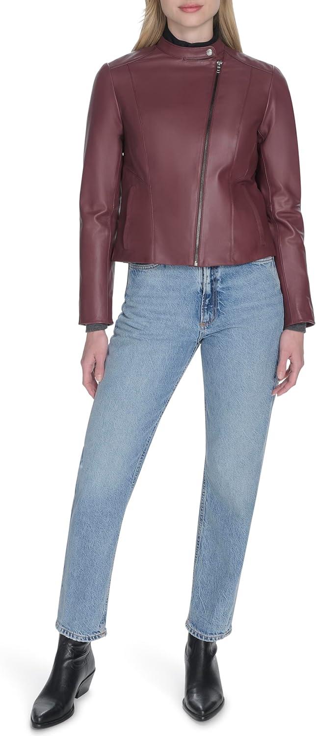 imageCole Haan Womens Long Sleeve Snap Collar Asymetric Zipper Leather JacketBurgundy