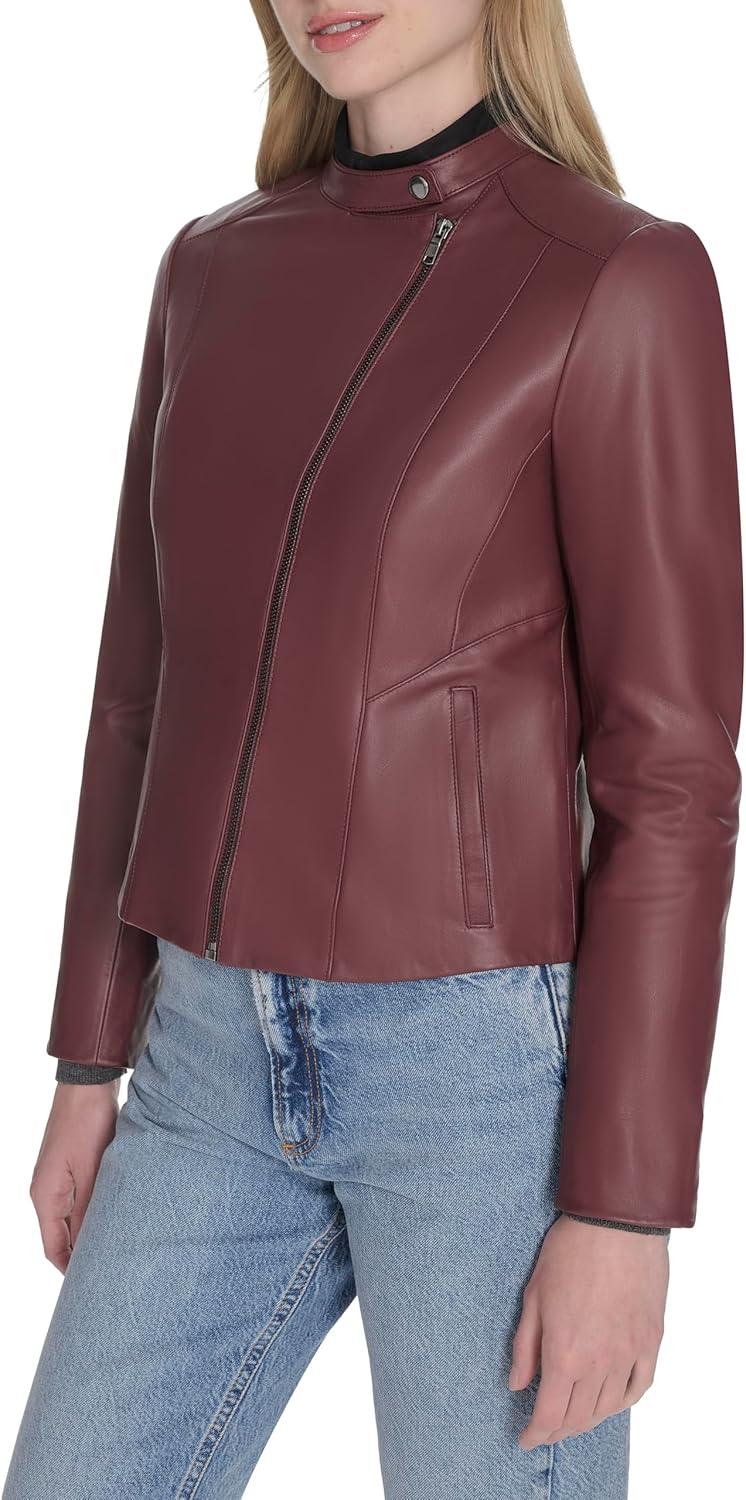 imageCole Haan Womens Long Sleeve Snap Collar Asymetric Zipper Leather JacketBurgundy