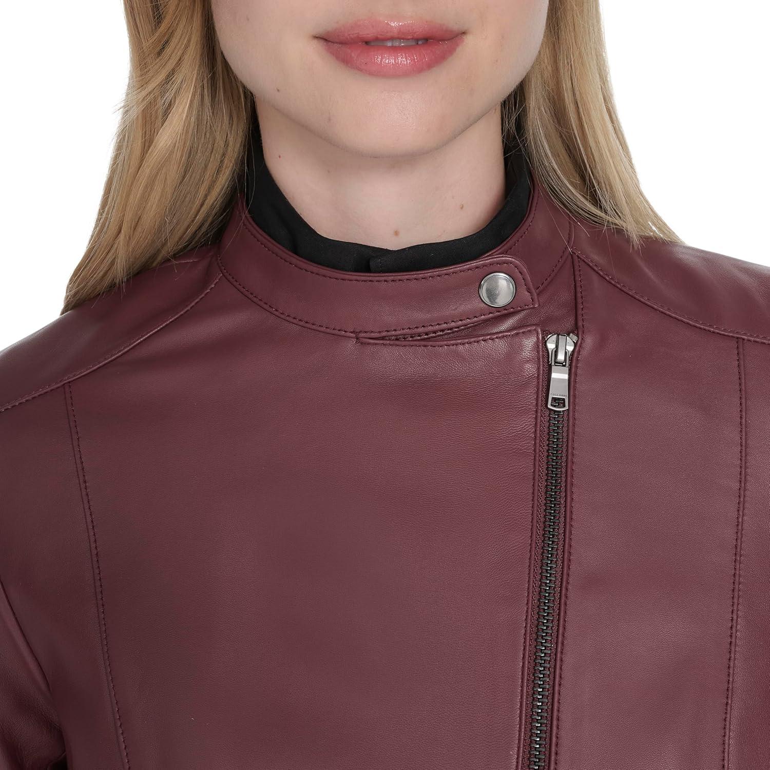 imageCole Haan Womens Long Sleeve Snap Collar Asymetric Zipper Leather JacketBurgundy