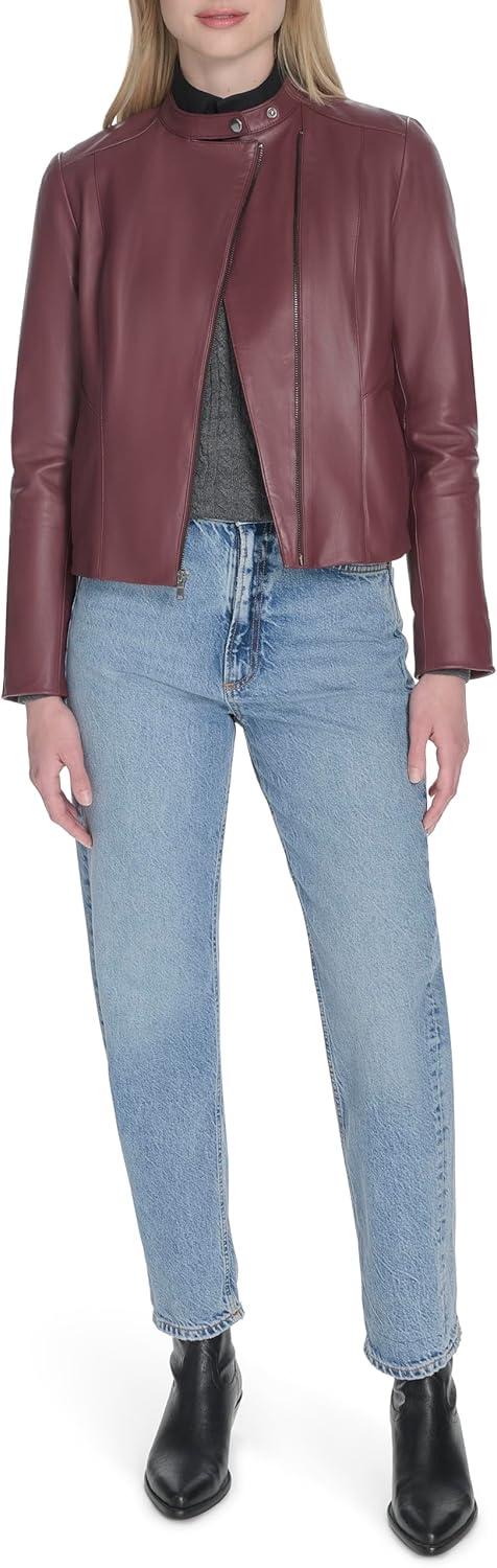 imageCole Haan Womens Long Sleeve Snap Collar Asymetric Zipper Leather JacketBurgundy