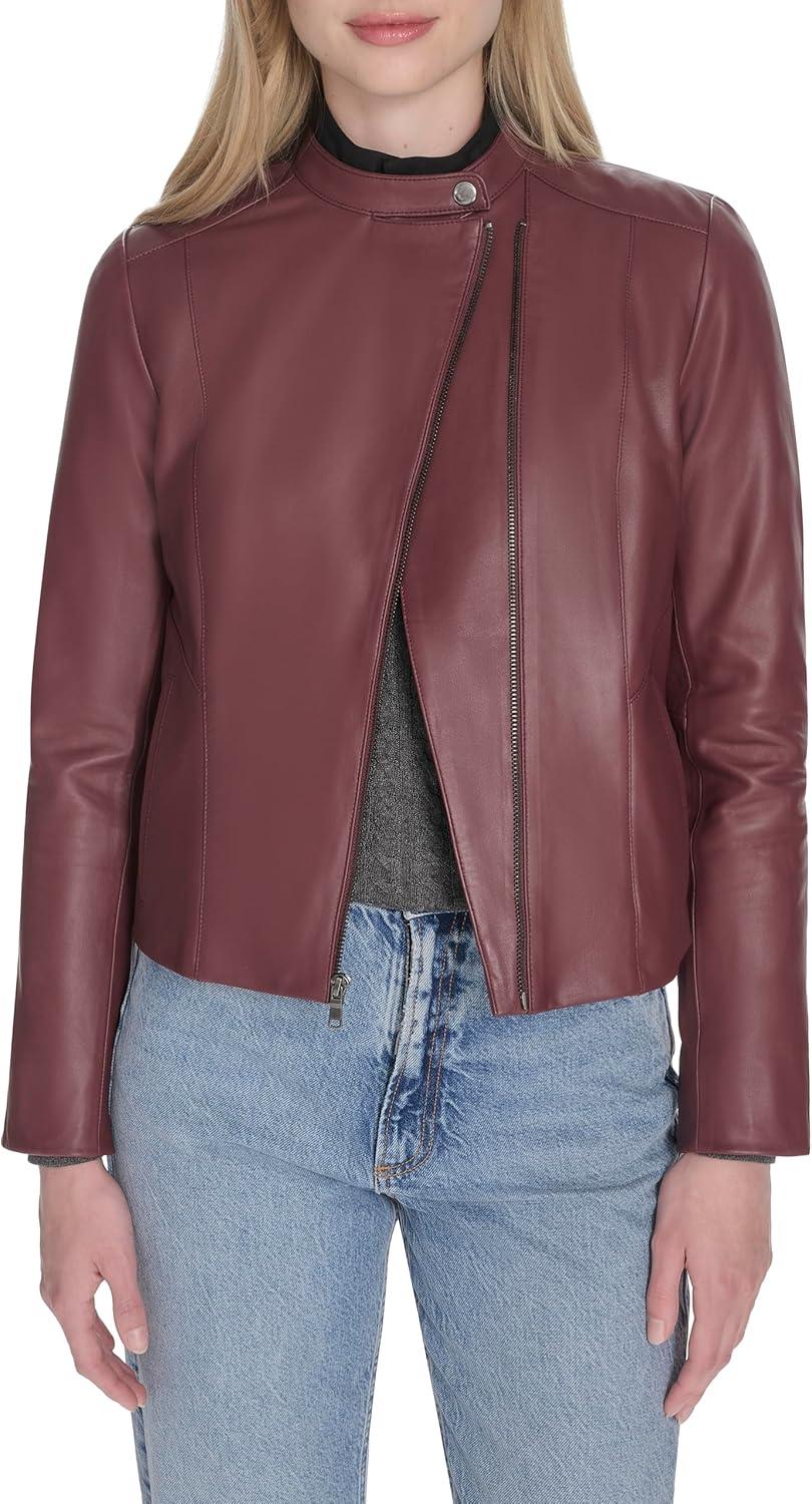 imageCole Haan Womens Long Sleeve Snap Collar Asymetric Zipper Leather JacketBurgundy