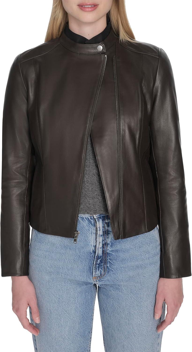 imageCole Haan Womens Long Sleeve Snap Collar Asymetric Zipper Leather JacketDark Espresso