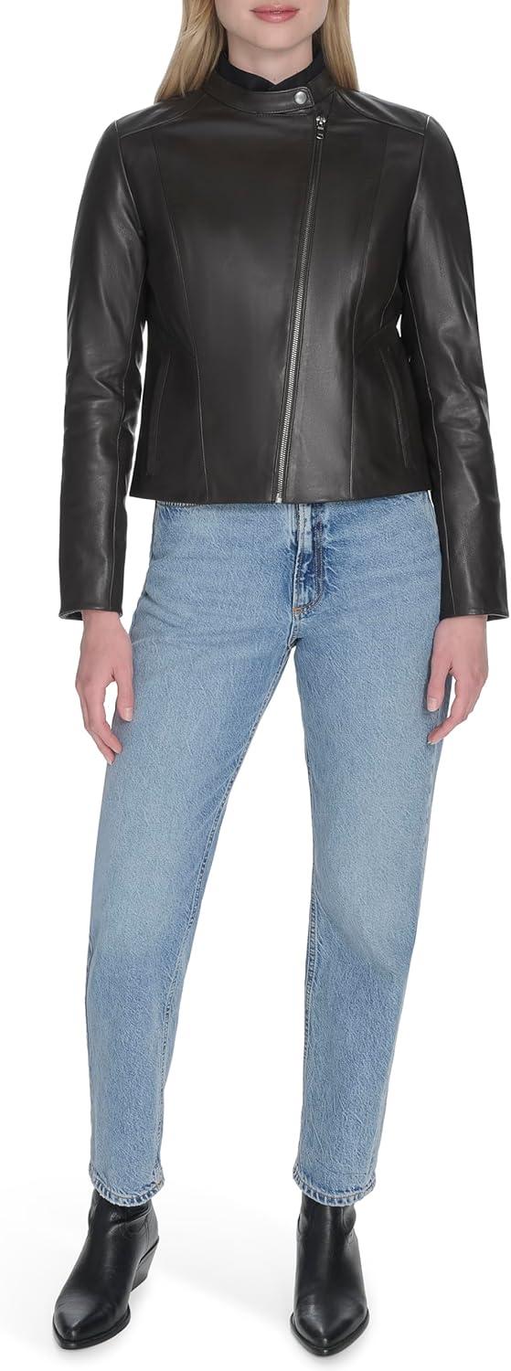 imageCole Haan Womens Long Sleeve Snap Collar Asymetric Zipper Leather JacketDark Espresso