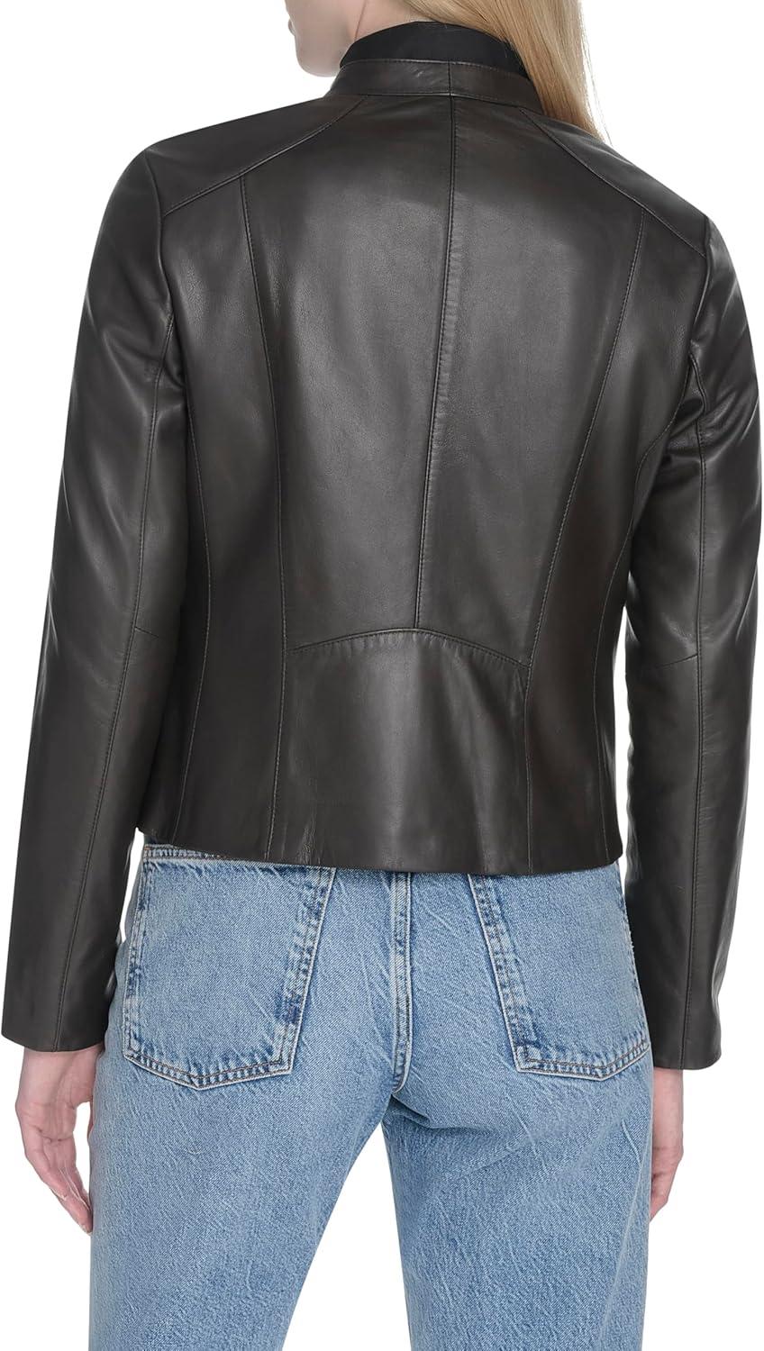 imageCole Haan Womens Long Sleeve Snap Collar Asymetric Zipper Leather JacketDark Espresso