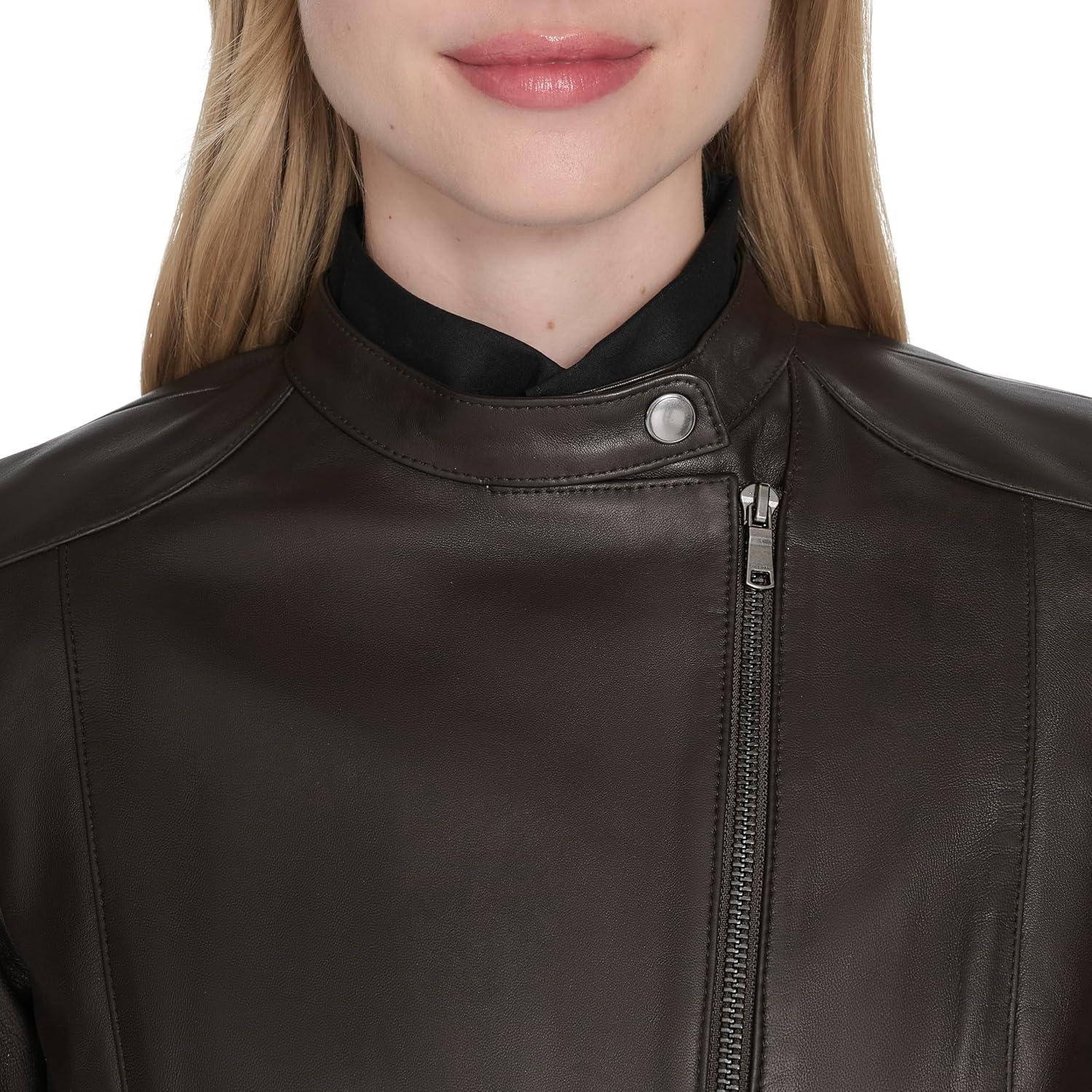 imageCole Haan Womens Long Sleeve Snap Collar Asymetric Zipper Leather JacketDark Espresso