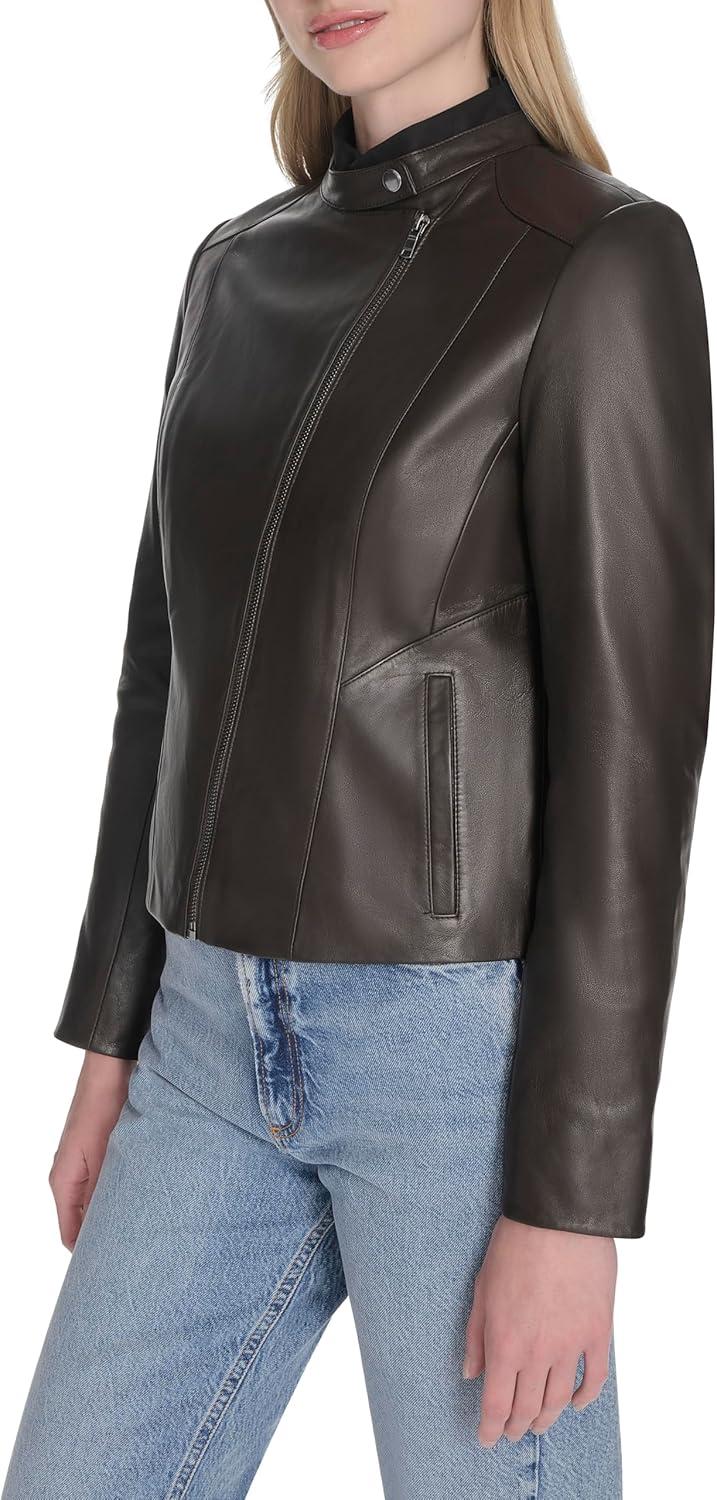 imageCole Haan Womens Long Sleeve Snap Collar Asymetric Zipper Leather JacketDark Espresso