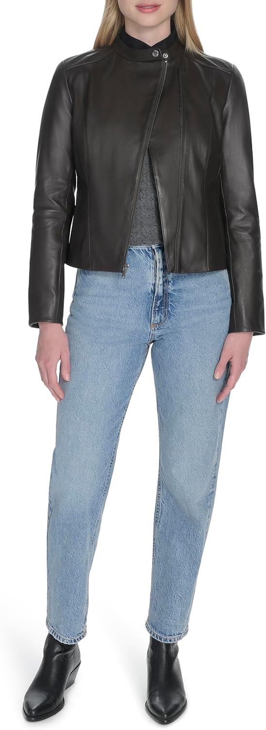 imageCole Haan Womens Long Sleeve Snap Collar Asymetric Zipper Leather JacketDark Espresso