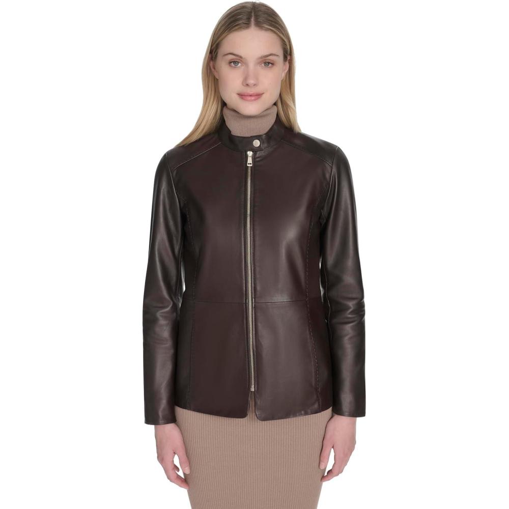 imageCole Haan Womens Leather Hand Stitched Details Classic JacketDark Espresso