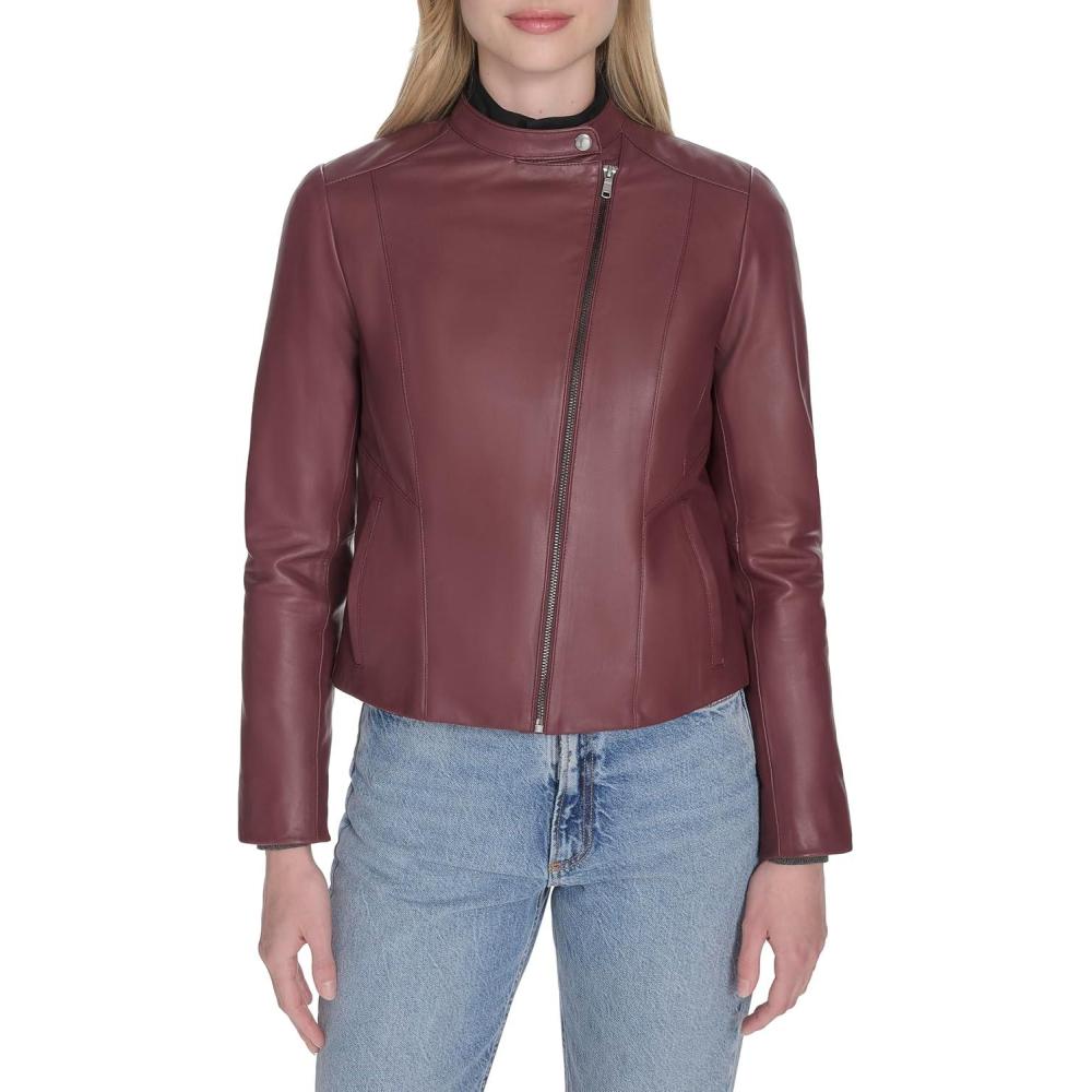 imageCole Haan Womens Long Sleeve Snap Collar Asymetric Zipper Leather JacketBurgundy