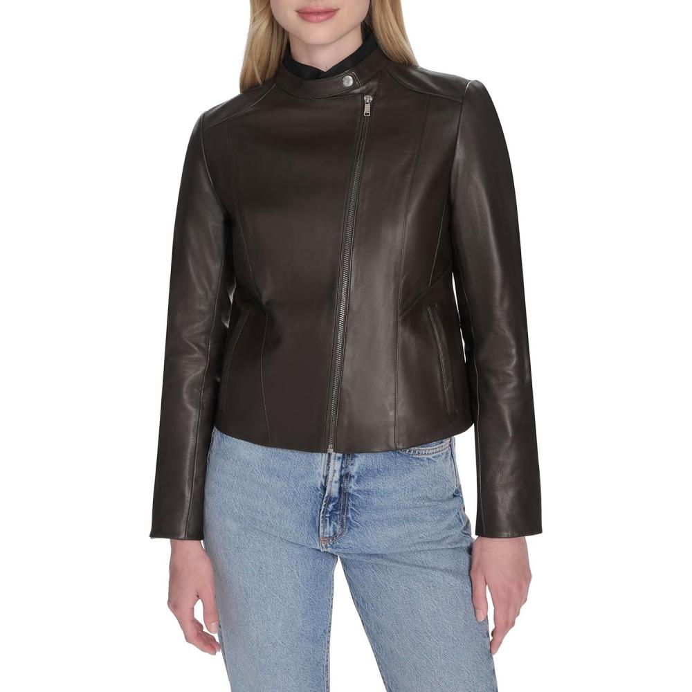 imageCole Haan Womens Long Sleeve Snap Collar Asymetric Zipper Leather JacketDark Espresso