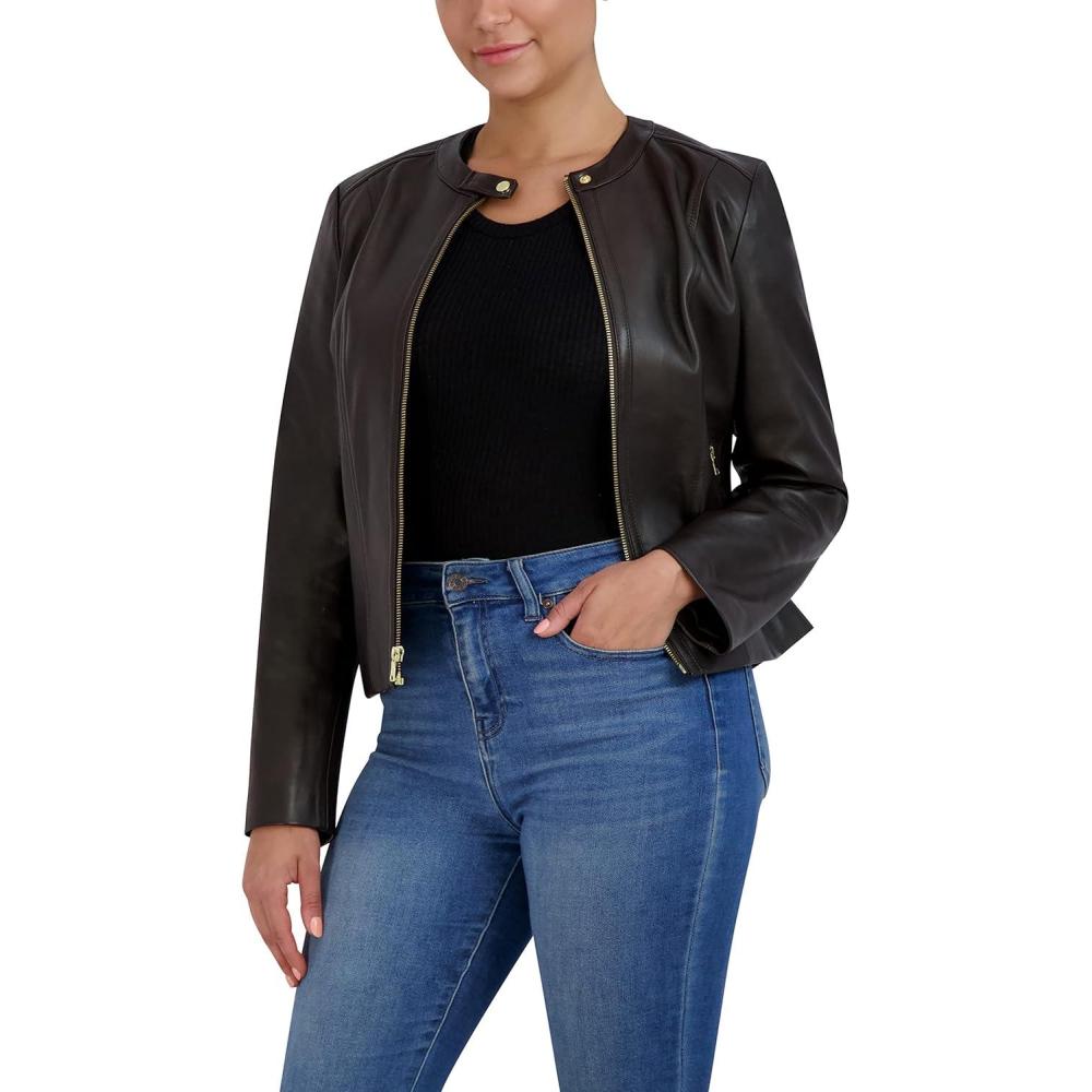 imageCole Haan Womens Zip Front Fully Lined Leather CoatDeep Espresso