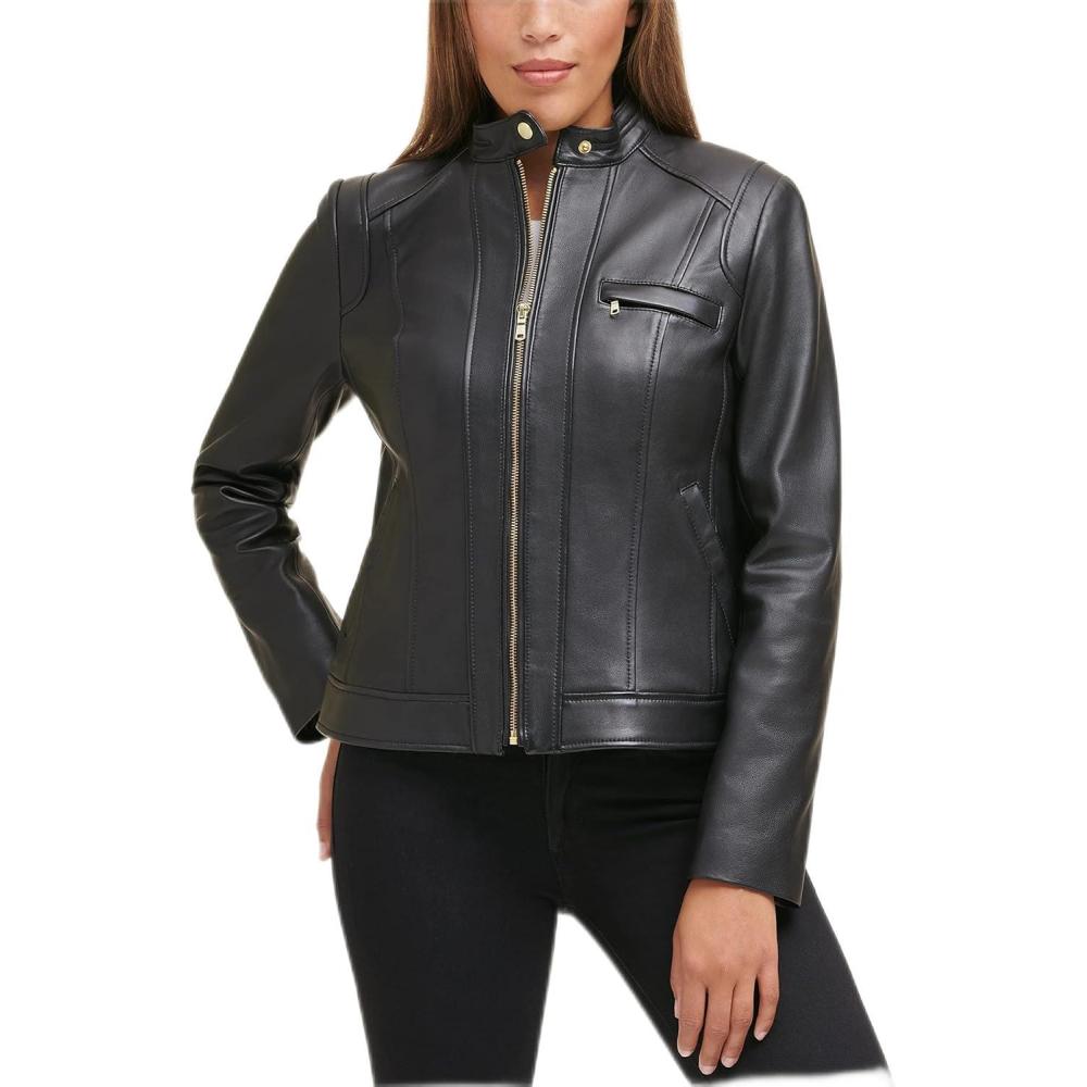 imageCole Haan Womens Zip Front Fully Lined Leather CoatLegacy Black