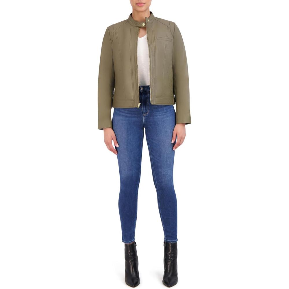 imageCole Haan Womens Zip Front Fully Lined Leather CoatSage