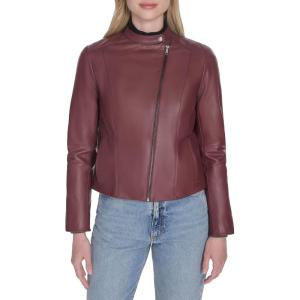 Cole Haan Women’s Long Sleeve Snap Collar Asymetric Zipper Leather Jacket(Burgundy)