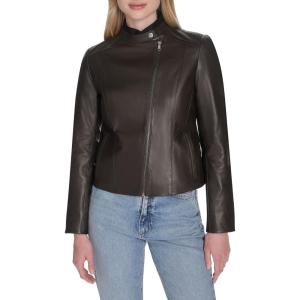 Cole Haan Women’s Long Sleeve Snap Collar Asymetric Zipper Leather Jacket(Dark Espresso)