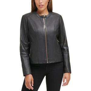 Cole Haan Women’s Zip Front Fully Lined Leather Coat(Black)