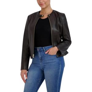 Cole Haan Women’s Zip Front Fully Lined Leather Coat(Deep Espresso)