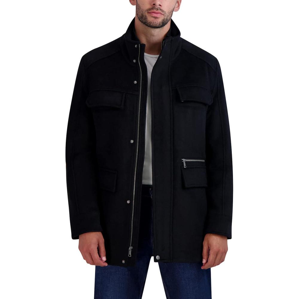 imageCole Haan Mens Double Bib Collar Wool Field CoatBlack