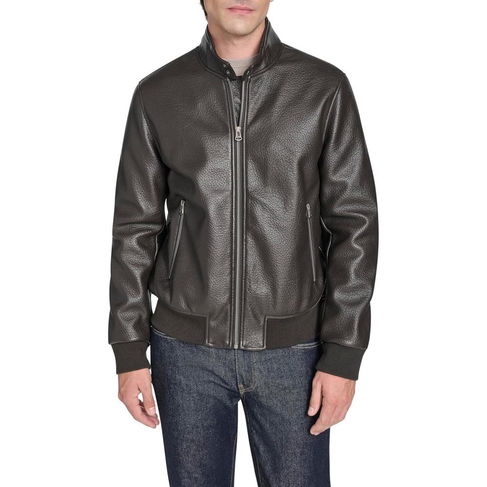 imageCole Haan Mens Stand Collar Pebbly Texture Faux Leather JacketDark Brown