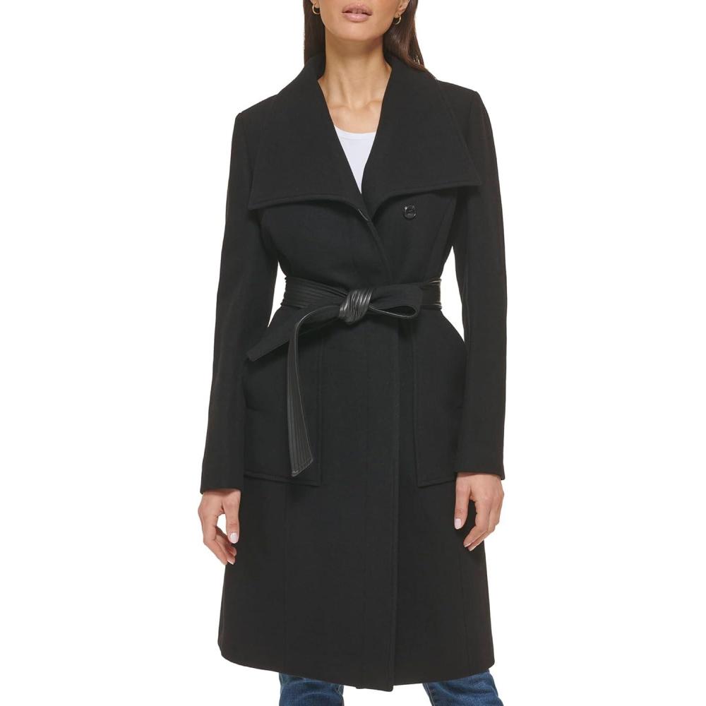 imageCole Haan Womens Belted Coat Wool with Cuff DetailsBlack