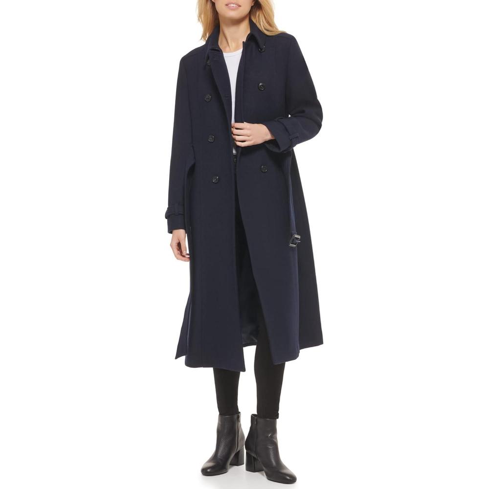 imageCole Haan Womens Flared Trench Slick Wool CoatNavy