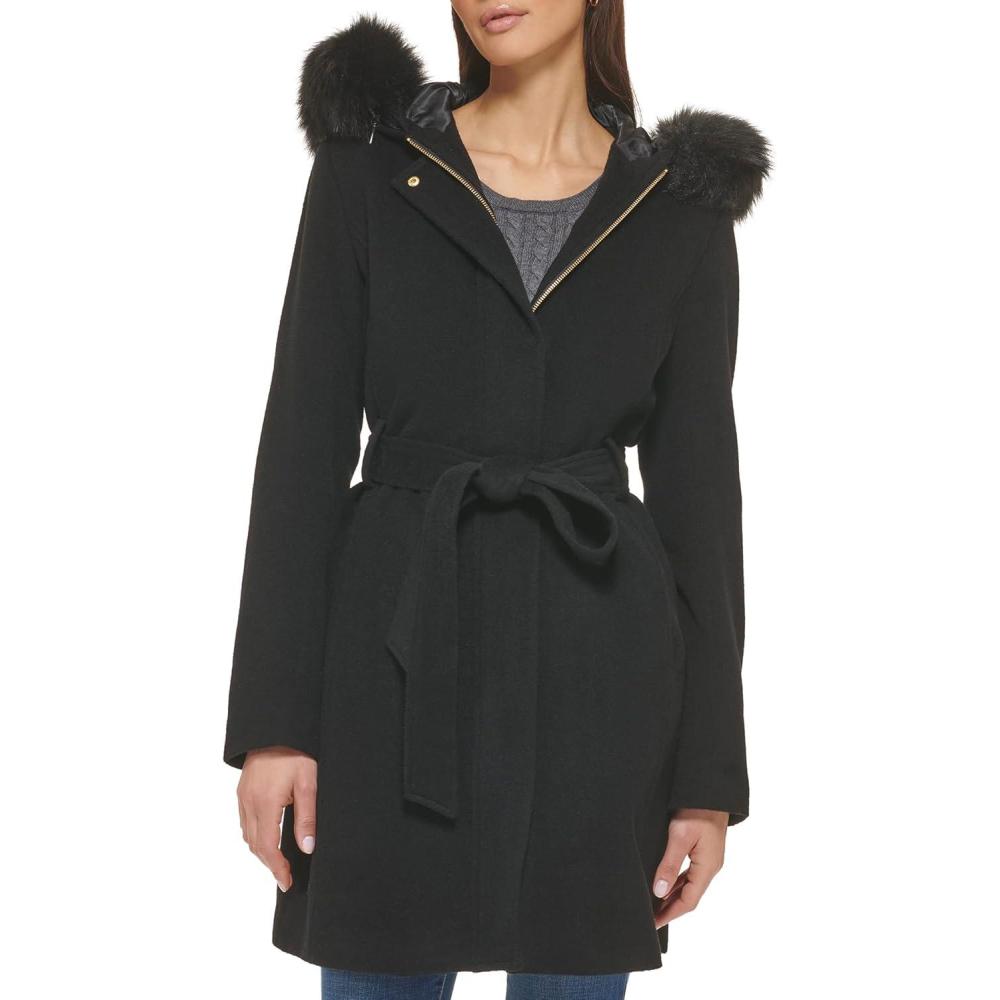imageCole Haan Womens Hooded Coat Slick Wool with Detatchable Faux Fur TrimBlack