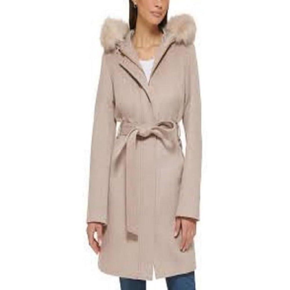 imageCole Haan Womens Hooded Coat Slick Wool with Detatchable Faux Fur TrimBone