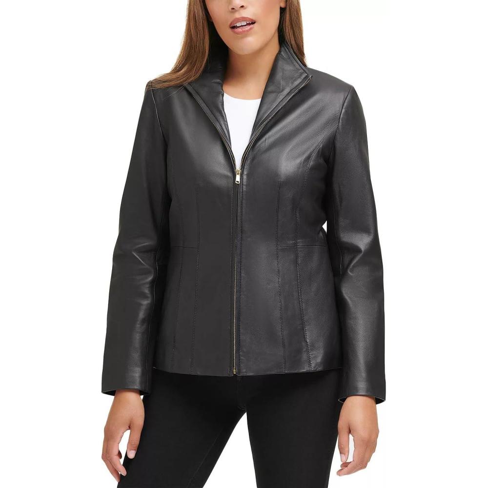 imageCole Haan Womens Leather Wing Collared Jacket Standard and Plus SizeTrue Black
