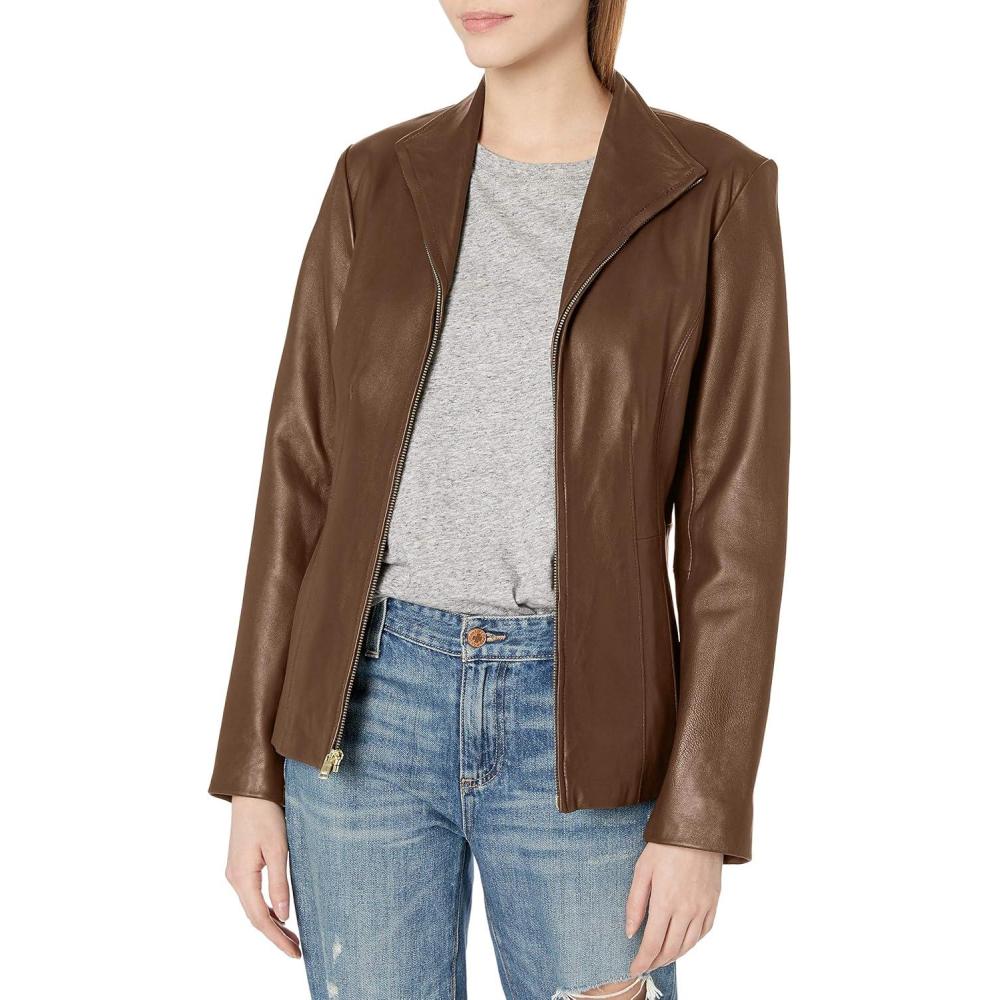 imageCole Haan Womens Leather Wing Collared JacketHickory