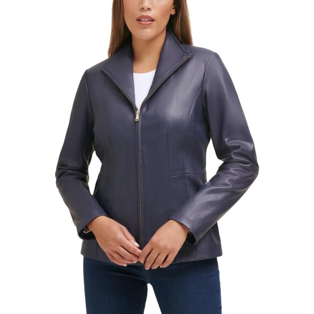 imageCole Haan Womens Leather Wing Collared JacketMidnight