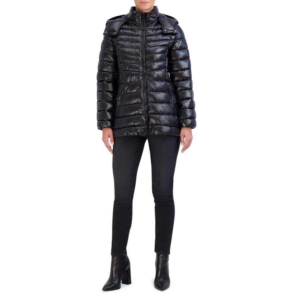 imageCole Haan Womens Pearlized Faux Down Jacket with Removable HoodBlack