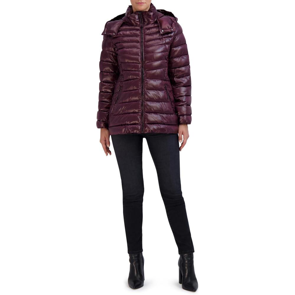 imageCole Haan Womens Pearlized Faux Down Jacket with Removable HoodSangria