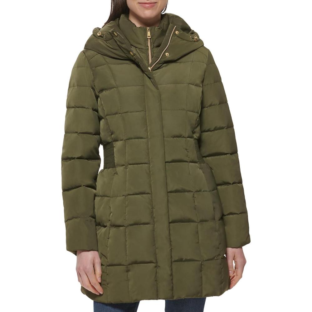 imageCole Haan Womens Taffeta Down Coat with Bib Front and Dramatic HoodDusty Olive