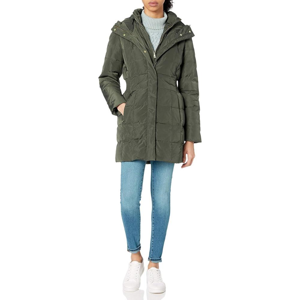 imageCole Haan Womens Taffeta Down Coat with Bib Front and Dramatic HoodForest