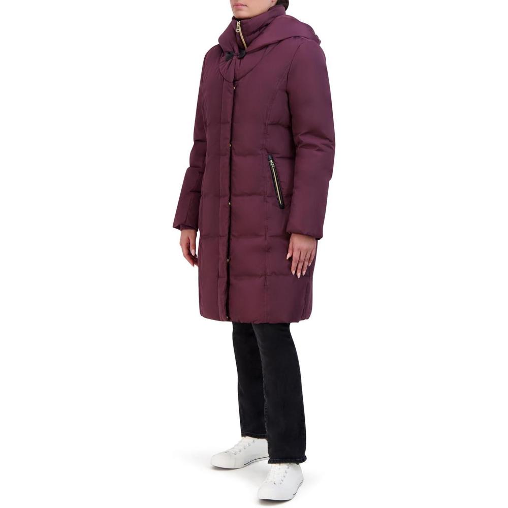 imageCole Haan Womens Taffeta Down Coat with Bib and Set in HoodMerlot