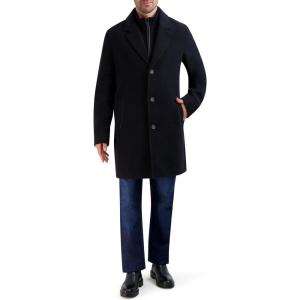 Cole Haan Men’s Car Coat with Rib Knit Bib and Faux Leather Detail(Black)