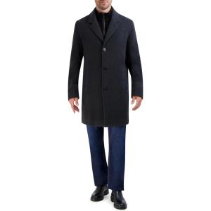 Cole Haan Men’s Car Coat with Rib Knit Bib and Faux Leather Detail(Charcoal)