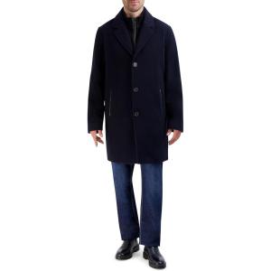 Cole Haan Men’s Car Coat with Rib Knit Bib and Faux Leather Detail(Navy)