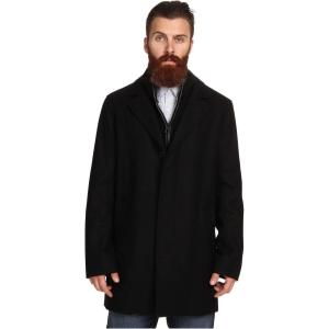Cole Haan Men’s Classic Melton Top Coat with Faux Leather Details(Black)