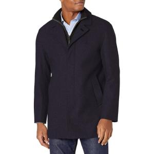 Cole Haan Men’s Classic Melton Top Coat with Faux Leather Details(Navy)