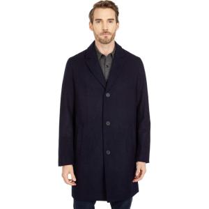 Cole Haan Men’s Melton Wool Notched Collar Coat With Welt Body Pockets(Navy)
