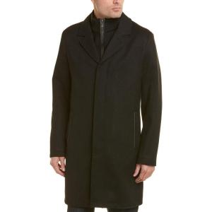 Cole Haan Men’s Modern Wool Teill Top Coat with Removable Merino Knit Bib(Black)