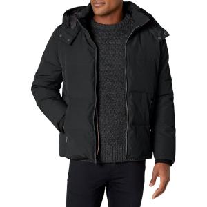 Cole Haan Men’s Short Down Parka with Hooded Down Coat(Black)