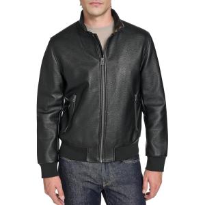 Cole Haan Men’s Stand Collar Pebbly Texture Faux Leather Jacket(Black)