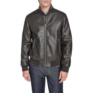 Cole Haan Men’s Stand Collar Pebbly Texture Faux Leather Jacket(Dark Brown)