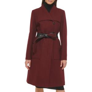 Cole Haan Women’s Belted Coat Wool with Cuff Details(Burgundy)