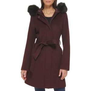 Cole Haan Women’s Hooded Coat Slick Wool with Detatchable Faux Fur Trim(Bordeaux)