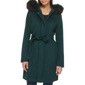 Cole Haan Women’s Hooded Coat Slick Wool with Detatchable Faux Fur Trim(Forest)