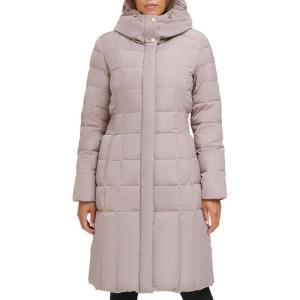 Cole Haan Women’s Knee Length Hooded Quilted Down Coat(Cashew Grey)